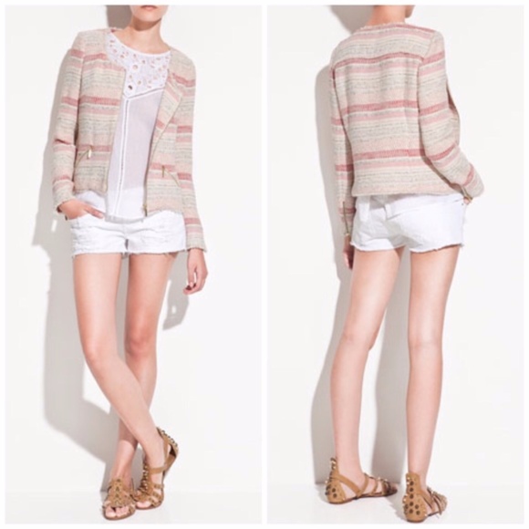 Zara Jackets & Blazers - Zara | Striped Boucle Tweed Moto Jacket